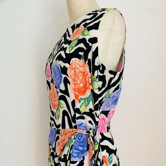 Vintage 90s Maxi Sleeveless Silk Black and White Colorful Floral Pattern Dress - Picture 13 of 16